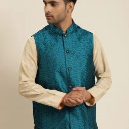 SOJANYA Blue Comfort Fit Embroidered Nehru Jacket-image-28