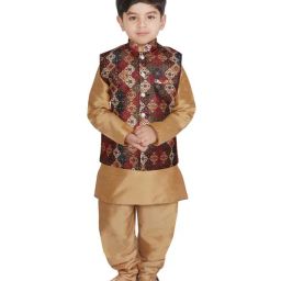 SG Yuvraj Kids Brown & Gold Printed Full Sleeves Kurta Set-image-82