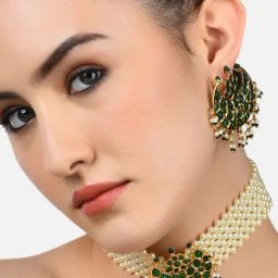 Zaveri Pearls Green Stones & Pearls Choker Necklace & Earring Set-ZPFK9808-17