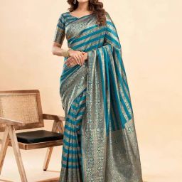 Satrani Teal Blue & Golden Woven Saree With Unstitched Blouse-image-94