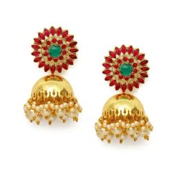 Zaveri Pearls Pink & Green Stones South Indian Style Traditional Jhumki Earrings - ZPFK9822-21