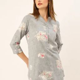 Odette Grey Printed A Line Kurti-image-48