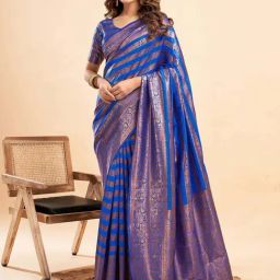 Satrani Blue & Copper Woven Saree With Unstitched Blouse-image-95