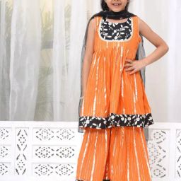 Little Bansi Girls Orange Cotton Self Design Suit Set-picture-3
