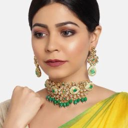 Zaveri Pearls Kundan & Beads Enamelling Green Choker Necklace & Earring Set-ZPFK9833-24
