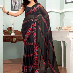 Satrani Black Printed Saree With Unstitched Blouse-picture-17