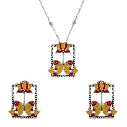 Voylla Silver Madhubani Matsya Gulmohar Oxidised Enamel Necklace & Earring Set-picture-18