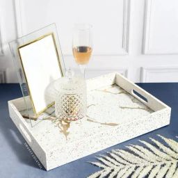 Smokey Cocktail White Stoneware Geometric Rectangular Marble Look Luxury Serving Tray-image-44