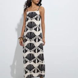 LOV by Westside Beige Seashell Printed Straight Cotton-Blend Dress-picture-1