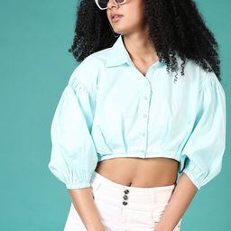 LIMEROAD Solid Shirt Collar Puff Sleeves Cotton Top-image-15