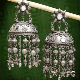 NVR Silver Plated Oxidized Mirror Work Contemporary Jhumki Earrings for Women-image-0