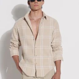 Showoff Beige Cotton Relaxed Fit Checks Shirt-image-57