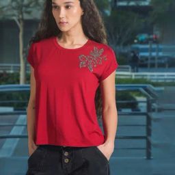 VIRGIO Maroon Viscose Embellished Short Sleeves Top-image-36