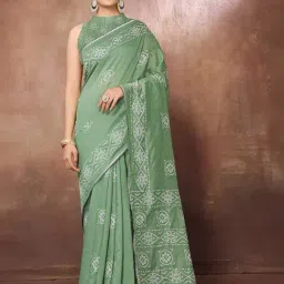 FABMORA Green Printed Saree With Unstitched Blouse-picture-1