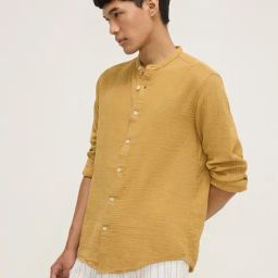 ETA by Westside Mustard Crinkle-Textured Resort-Fit Cotton Shirt-image-99