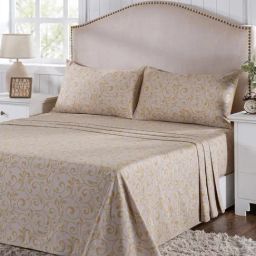 Maspar Seamless Scroll Gold Cotton Printed 400 TC King Flat Bedsheet with 2 Pillow Cases-image-41