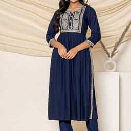 VEDANA Floral Embroidered Round Neck High Slit Sequinned Kurta With Trouser-image-83