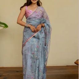 Mirchi Fashion Blue Organza Floral Printed Saree For Women-image-30