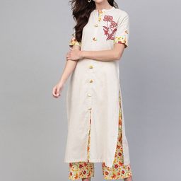 Pannkh Floral Yoke Design Mandarin Collar Thread Work Pure Cotton Kurta With Palazzos-picture-49
