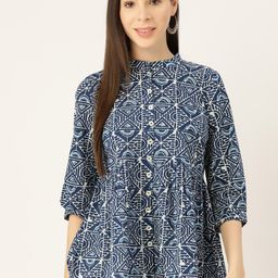 Maaesa Geometric Print Mandarin Collar A-Line Top-23