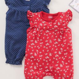 Babyhug 100% Cotton Cap Sleeves Romper Floral & Dot Print Print Pack of 2 - Blue Red-image-76
