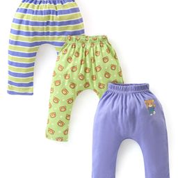Babyhug Cotton Full Length Diaper Pants Stripes & Bear Print Pack Of 3- Green & Blue-image-82