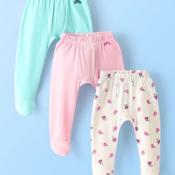 Doodle Poodle 100% Cotton Bootie Legging Floral Print Pack of 3 - Pink Off White & Blue-image-4