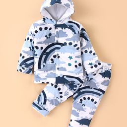 Simply Foam Full Sleeves Hooded Winter Night Suit Dino Print - White & Blue-image-27