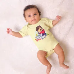 KNITROOT Diwali Theme Half Sleeves Flaunting My New Diwali Outfit Text Printed Onesie - Yellow-picture-21
