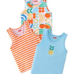 Babyhug 100% Cotton Sleeveless Sando Striped & Fruits Print Pack of 3 - Orange & Blue-image-54