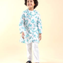 Babyhug 100%  Cotton Woven Full Sleeves Floral Printed Kurta Pyjama Set- Blue-image-55