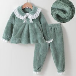 Kookie Kids Full Sleeves Peter Pan Collared Winter Wear Night Suit With Lace Detailing - Green-image-72