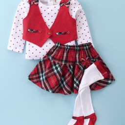 ToffyHouse 100% Cotton Knit Full Sleeves Hearts Printed Top With Woven Cotton Yarn Dyed Waist Coat & Checkered Skirt & Stockings - Red-image-7