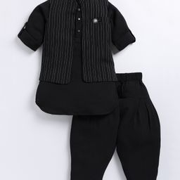LITTLE COLLARS Full Sleeves Solid Kurta Patiala With Striped Jacket Set - Black-image-39