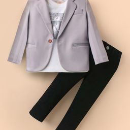 Rikidoos Full Sleeves Solid Blazer With Typography Printed Tee & Pant - Grey & Black-image-49