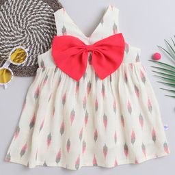 Many frocks & Cotton Linen Half Sleeves Ikat Prointed & Bow Applique Detailed Dress - Cream-image-55