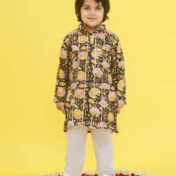 AJ Dezines Cotton Full Sleeves Floral Printed Lace Embellished Kurta Pyjama Set - Black-image-30