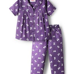 Babyhug Cotton Woven Half Sleeves Co-Ords Nightsuit With Bow Print - Purple-image-101
