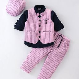 Dapper Dudes Full Sleeves Shirt With Striped Waistcoat Bow Cap & Pant Set - Pink-image-74