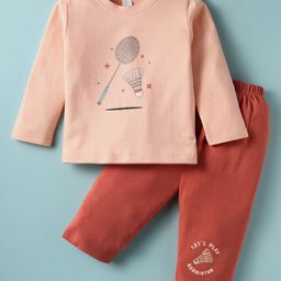 Tango Interlock Knit Full Sleeves T-Shirt & Pant Set With Badminton Print - Light Orange & Dark Peach-picture-12