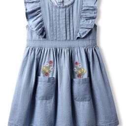 Babyhug Cotton Woven Frill Sleeves Frock With Pocket & Floral Embroidery - Blue-image-45