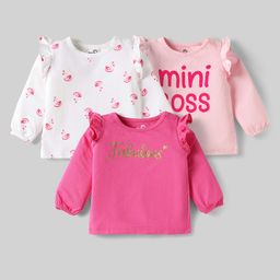 Doodle Poodle 100% Cotton Knit Full Sleeves Tops with Bow & Ballerina Print & Frill Detailing Pack of 3 -Baby Pink White & Light Blue-picture-11