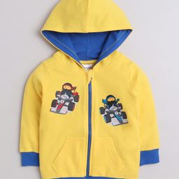BUMZEE Fleece Knit Full Sleeves Car Printed Hooded Sweatjacket With Kangaroo Pockets - Yellow & Royal Blue-image-71
