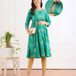 Bella Mama Viscose Woven Three Fourth Sleeves Ethnic Maternity Kurta With Leaf Print - Green-image-45