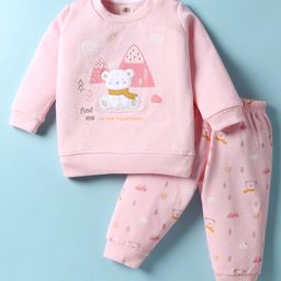 Zero Fleece Knit Full Sleeves Night Suit with Animal Embroidery & Patch - Light Pink-picture-28