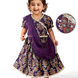 EARTHY TOUCH Single Jersey Knit Half Puffed Sleeves Choli Lehenga Set with Dupatta & Floral Glitter Print - Purple-picture-18