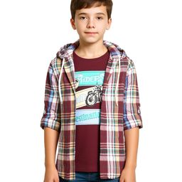 CAVIO Cotton Woven Full Sleeves Checked Hooded Shirt With Typography Printed Tee - Maroon-picture-43