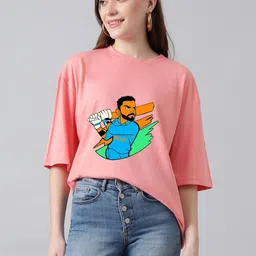 Kotty Women Graphic Printed Round Neck Cotton Oversized T-shirt-image-6