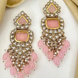 Zeviel Gold-Plated Kundan Studded & Artificial Beaded Teardrop Shaped Drop Earrings-picture-13
