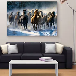 RANGOLI White & Blue Seven Running Horses Canvas Painting Wall Art image 2